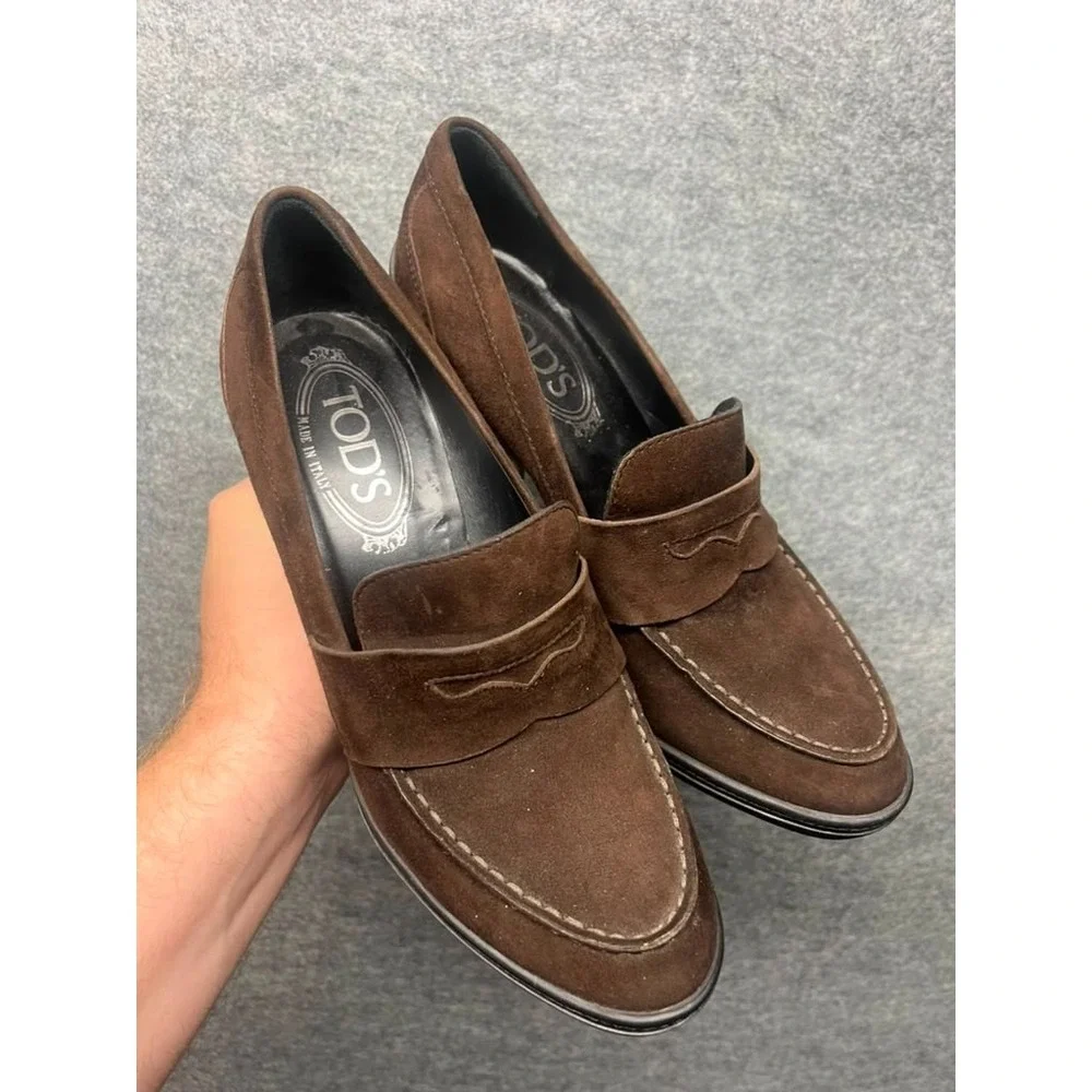TOD'S Brown Suede Penny Loafer Block Heel Pumps Made in Italy Women's EU 39